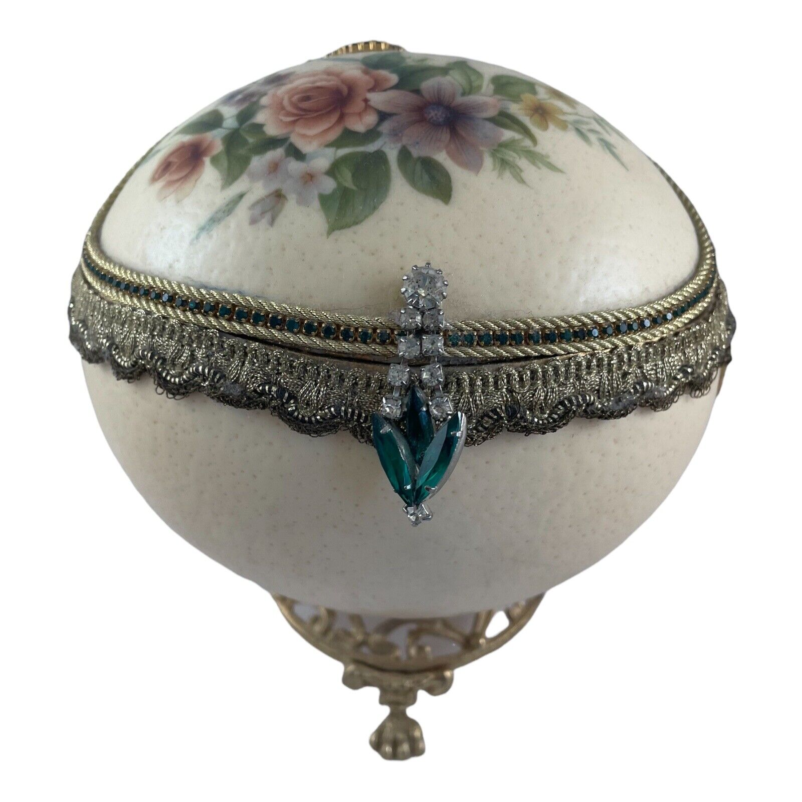 VTG Ostrich Egg Bride Jewelry Music Box  Hand Painted Green Jewels Brass Ped.