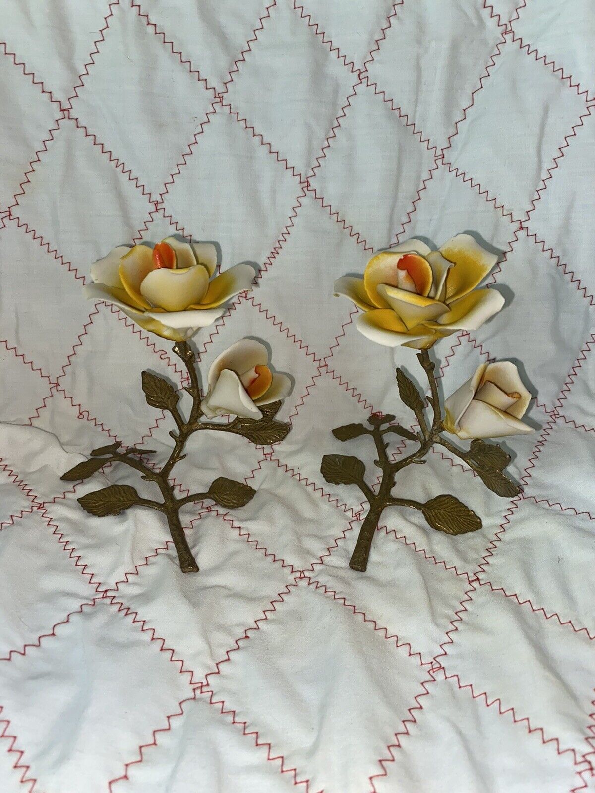Porcelain Yellow Roses with Metal Stems Vintage Set Of 2 4.5”