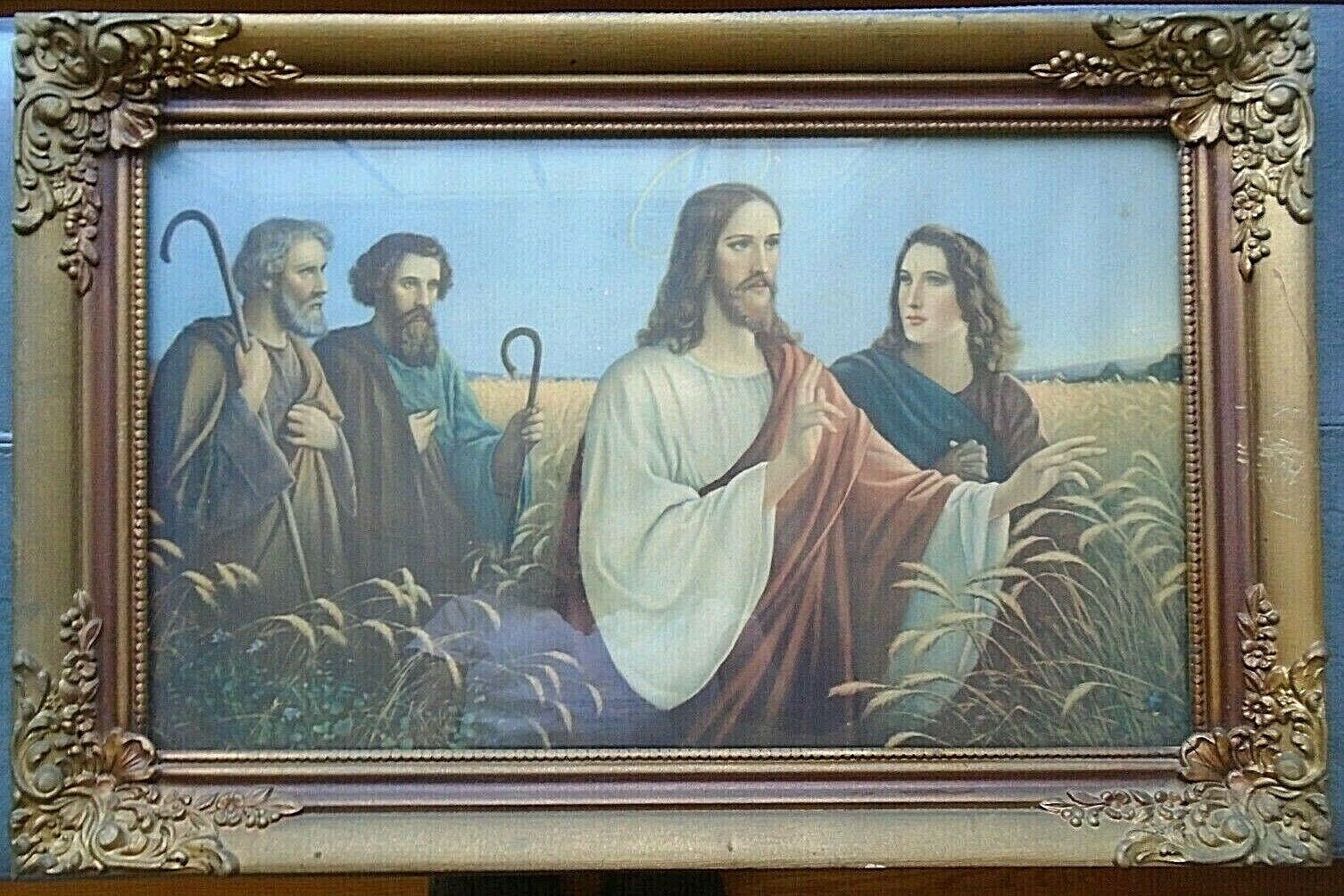 Vintage Jesus Mary Disciples in Wheat Field Carved Wood Floral Frame