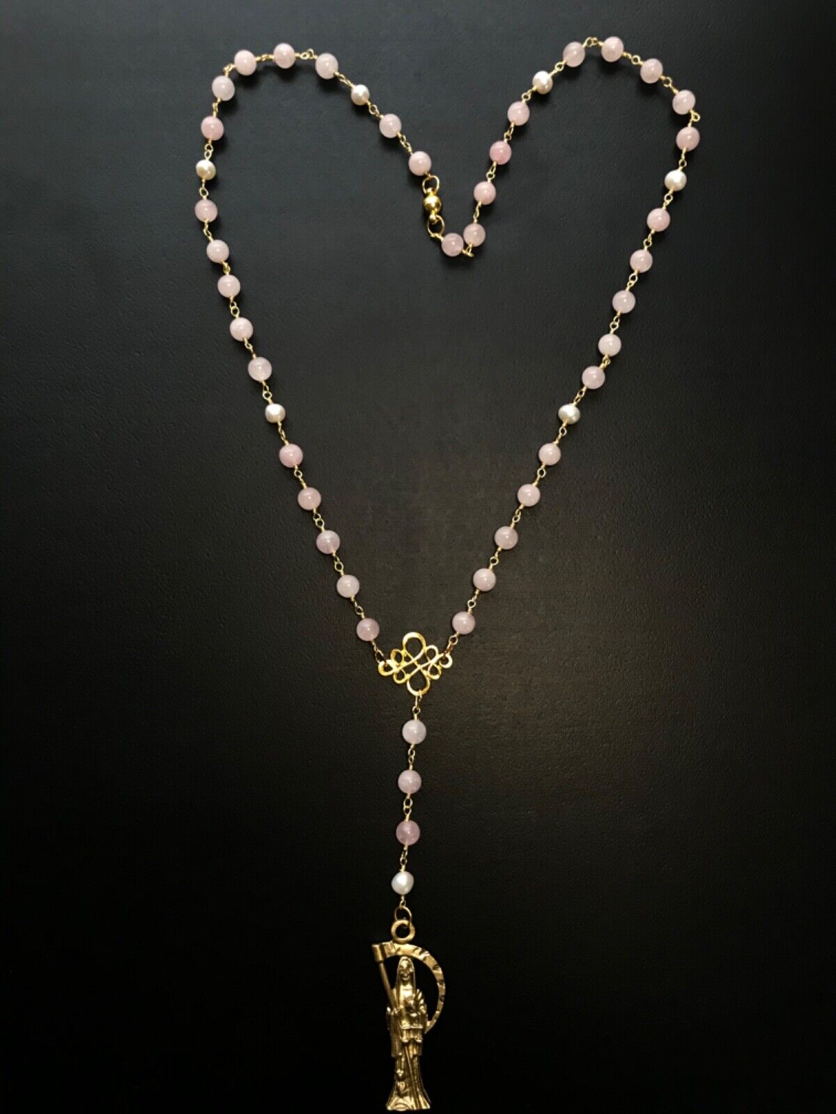 Santa Muerte Rosary /GOLD/PINK Rose Quartz/freshwater pearls/Handmade/ 