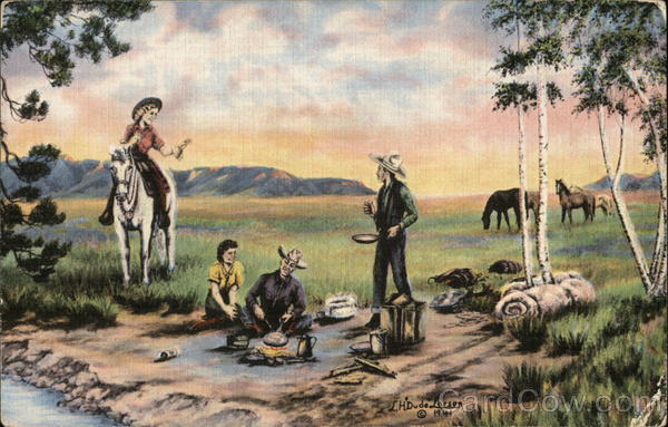 Cowboy/Western Cowboy Couples at Campfire L.H. Larsen Linen Postcard Vintage