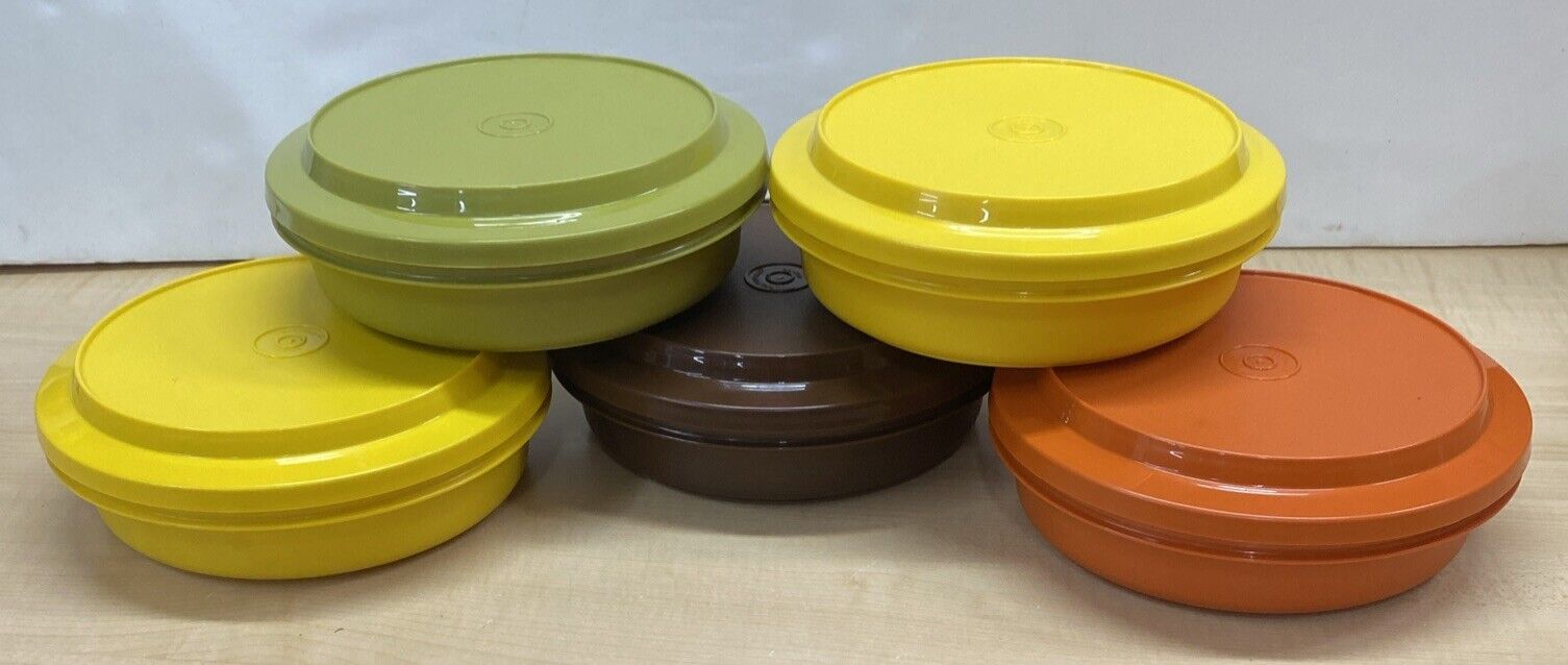 Set Of 5 Vintage Tupperware Harvest Colors Seal N Serve Bowls 1206 And Lids 1207