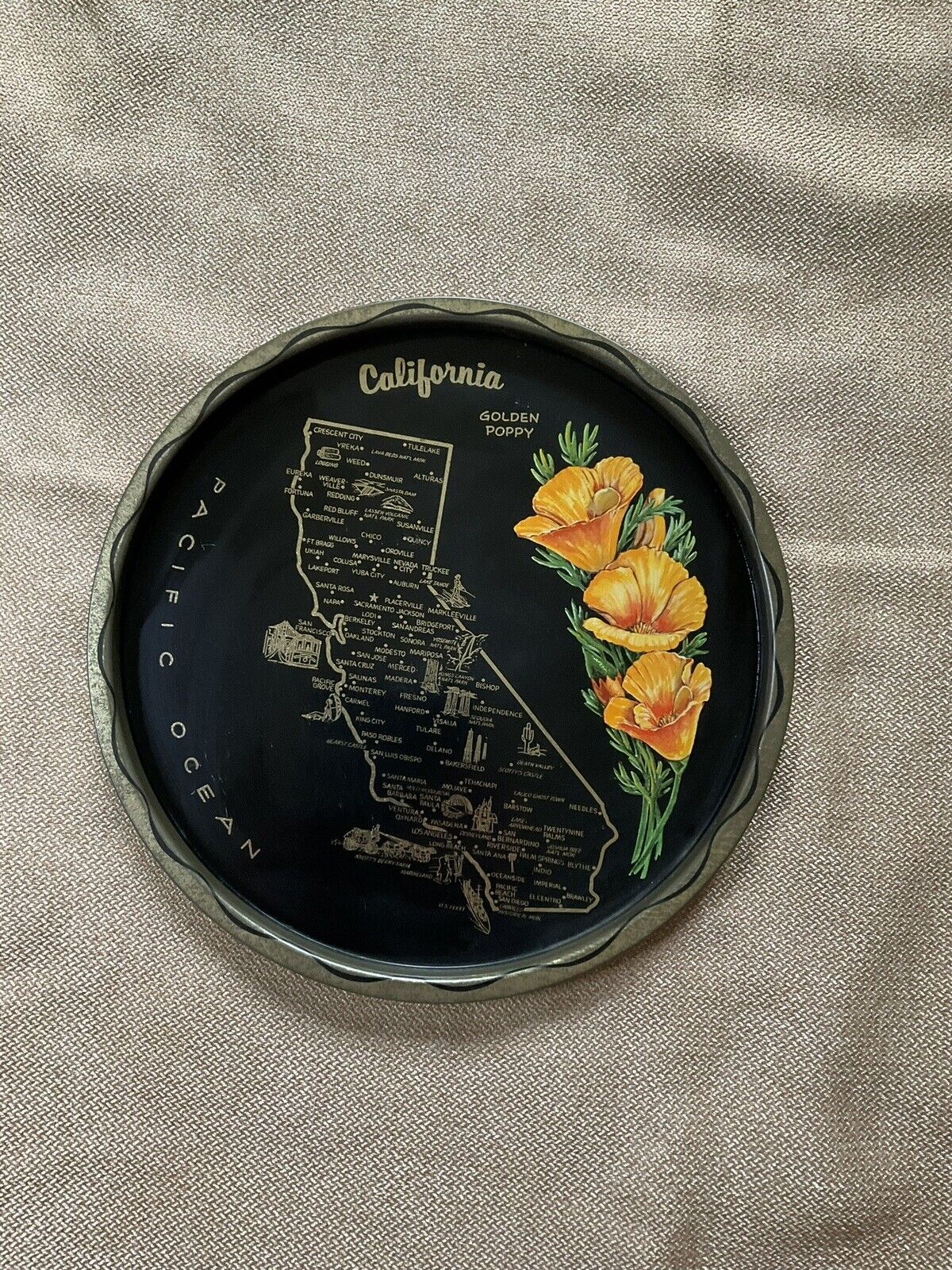 Vintage Florida Souvenir Metal Tray State Map Flower Hibiscus Black Gold 11\