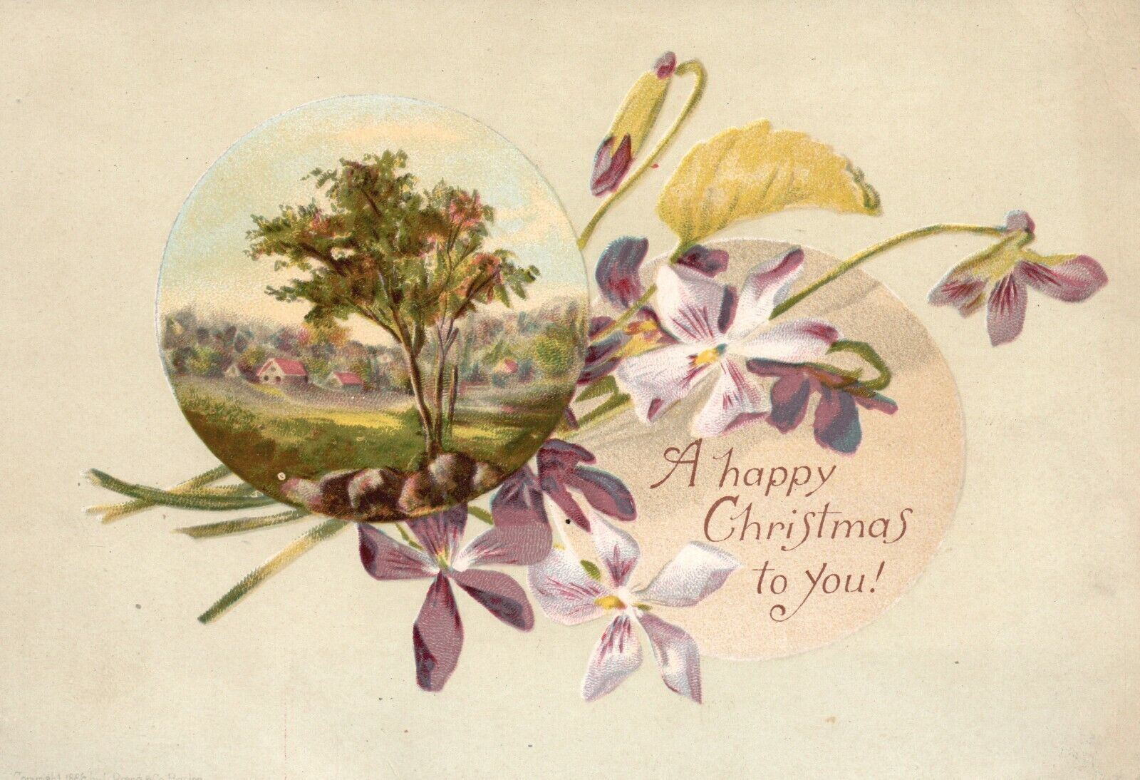 1880s-90s White & Purple Flowers A Happy Christmas to you Trade Card