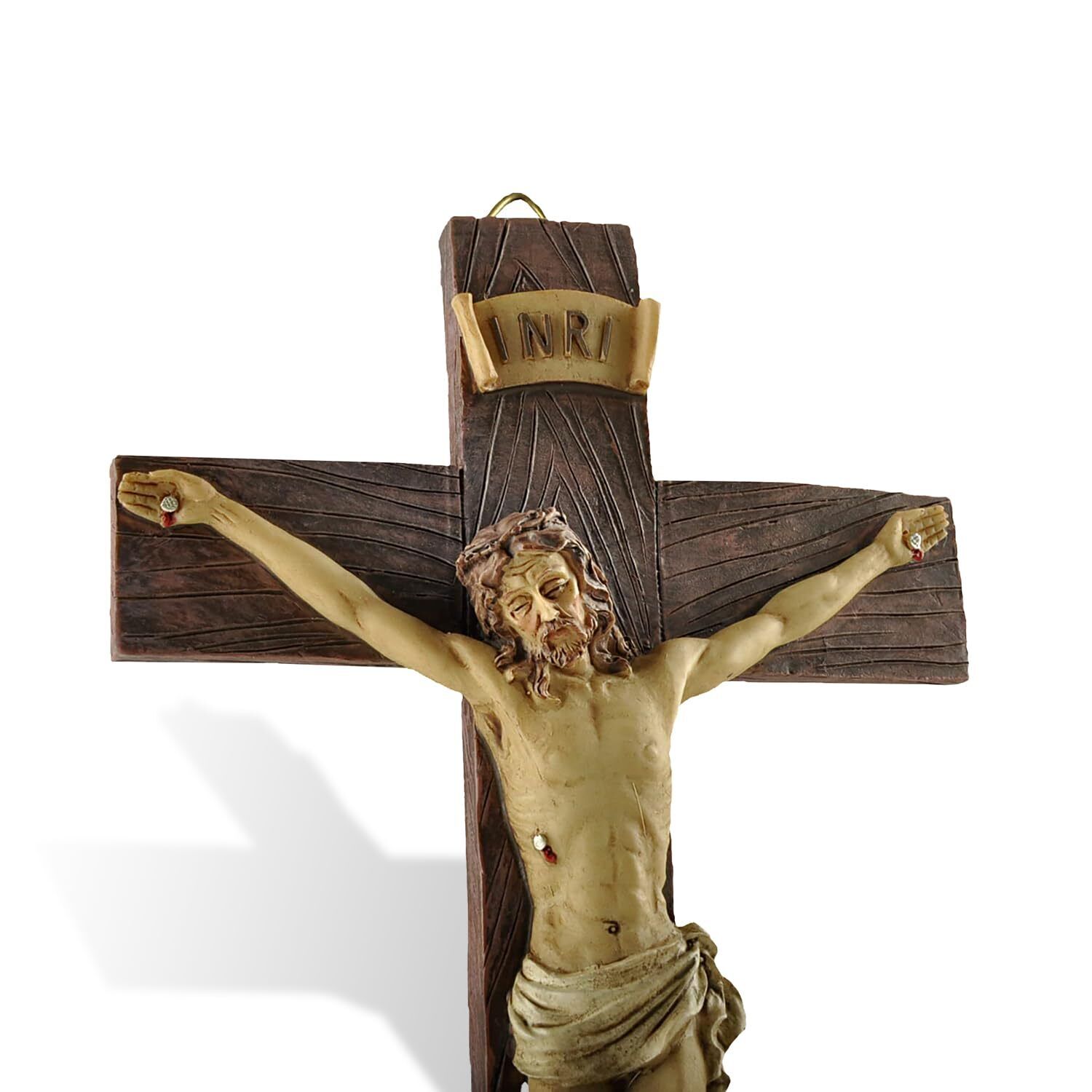 Jesus Crucifix Wall Cross Catholic - Hand painted Big Wood Textured Resin Vin...