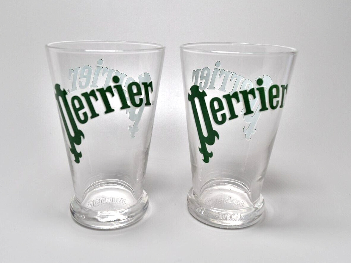 Rare Perrier  Mineral Water Drink Glass Tumbler Retro Vintage Clear/Green x2