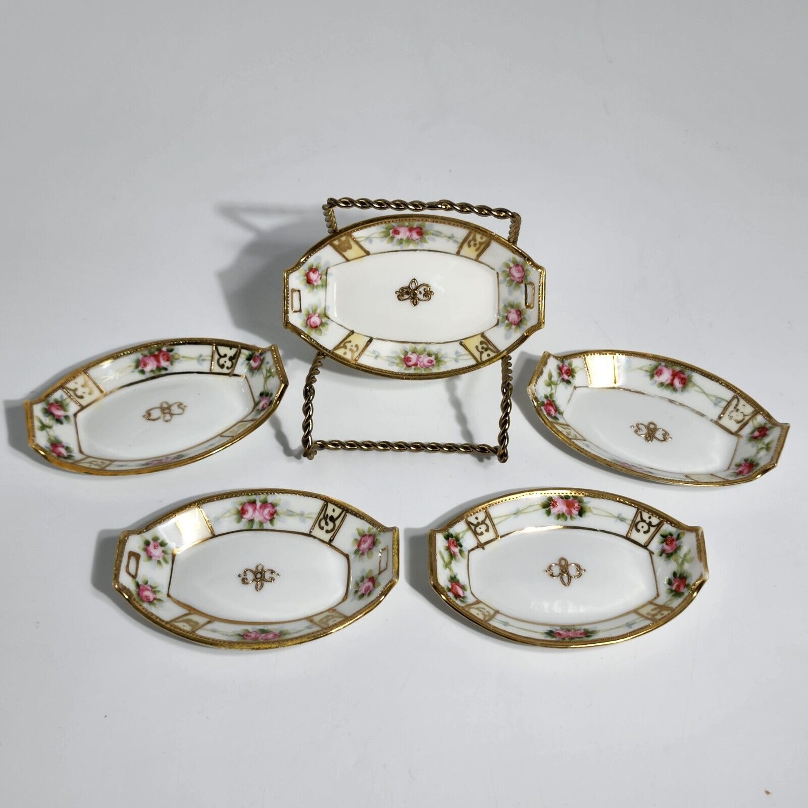 Nippon Hand Painted Gold Cross Porcelain Salt / Sauce Dishes Set Of 5 Vintage
