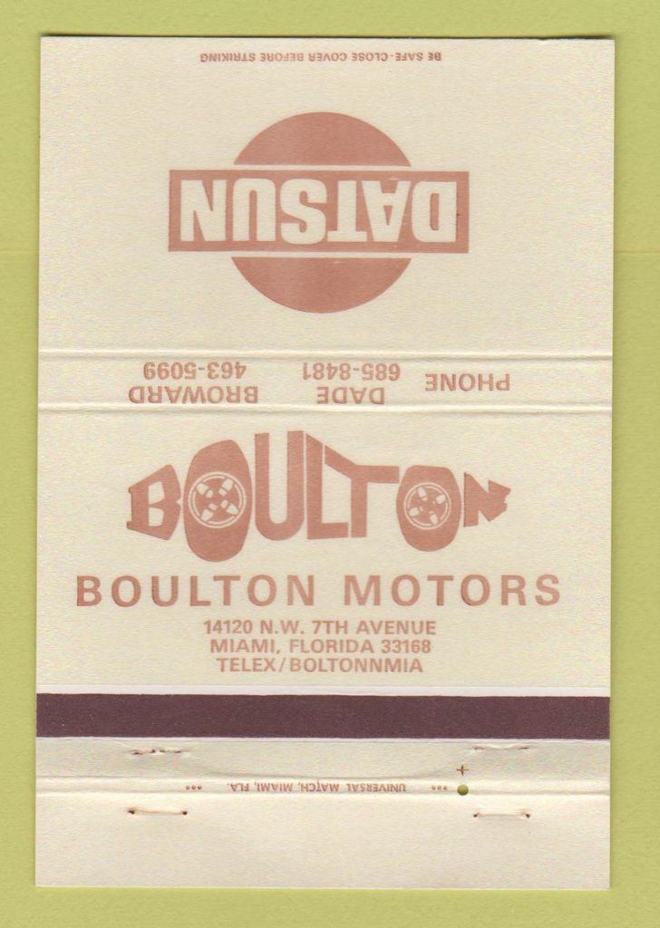 Matchbook Cover - Boulton Motors Datsun Miami FL 40 Strike