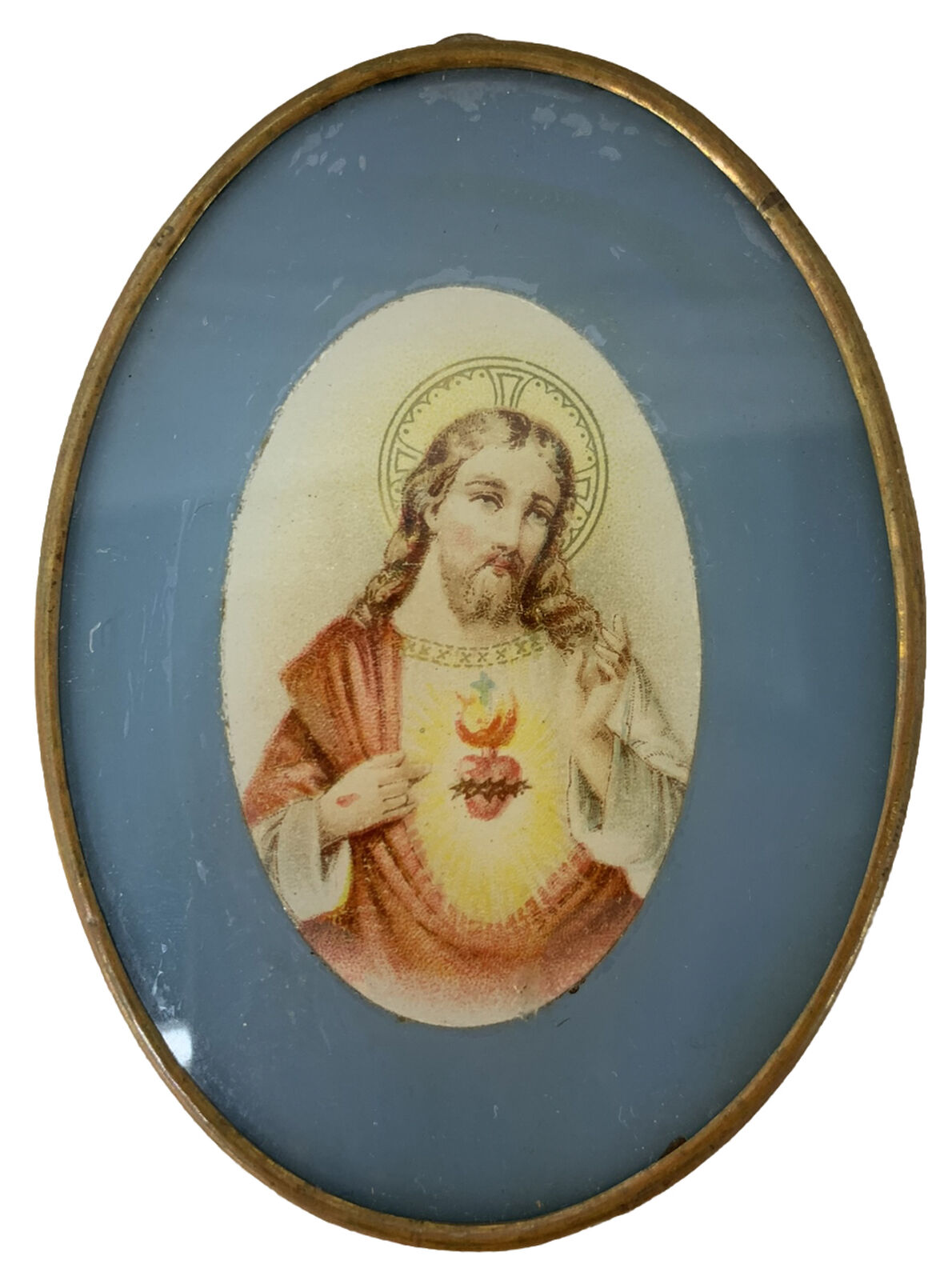 1932 Miniature Jesus Icon Gold Frame (Reverse Glass?) Painting - Czechoslovakia