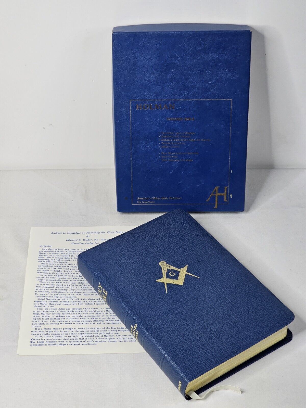 Holman 1968 Masonic Holy Bible Temple Illustrated KJV Blue Skivertex Gold Edges