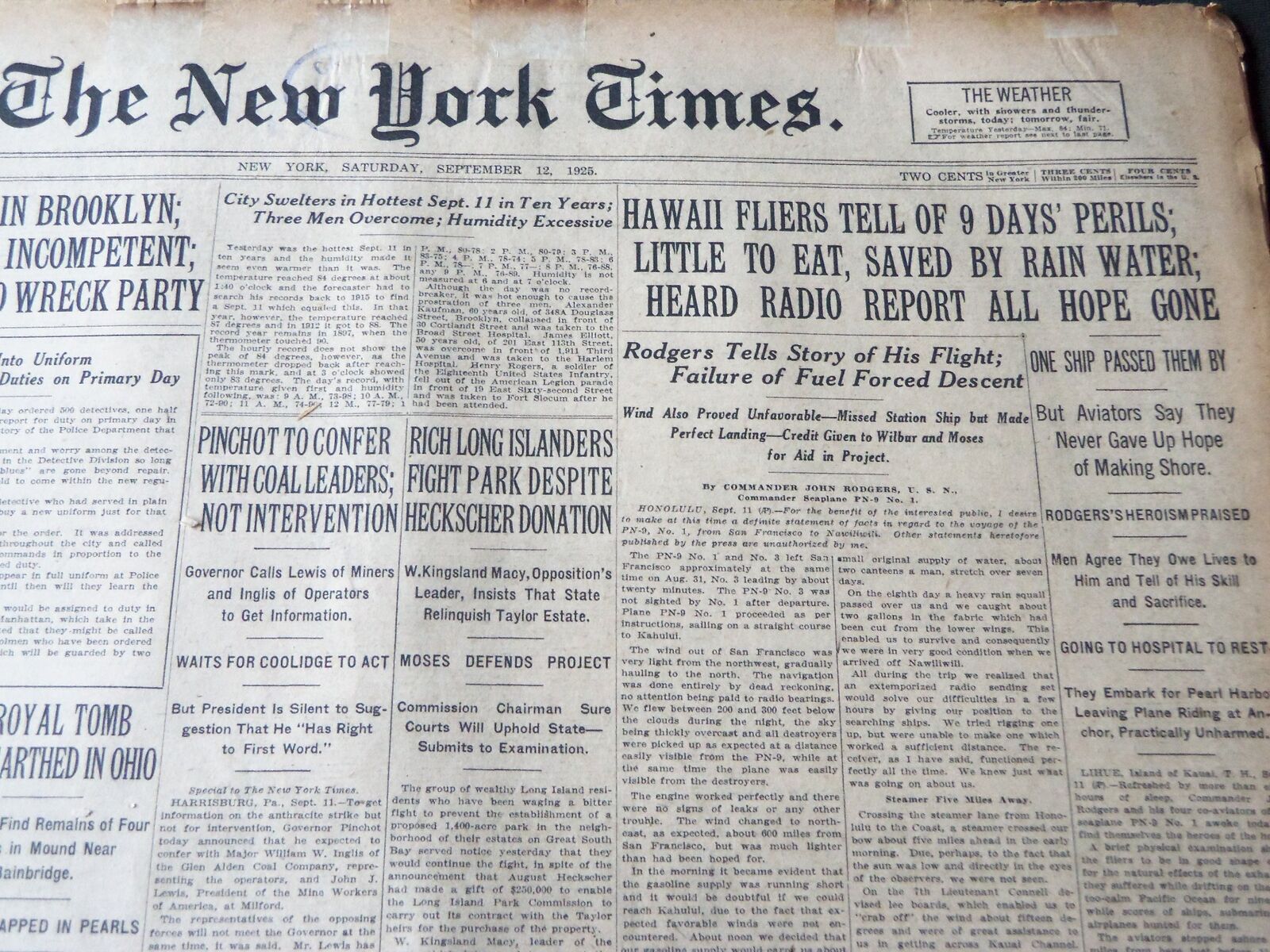 1925 SEPTMEBER 12 NEW YORK TIMES - HAWAII FLIERS TELL OF 9 DAYS PERILS - NT 7210