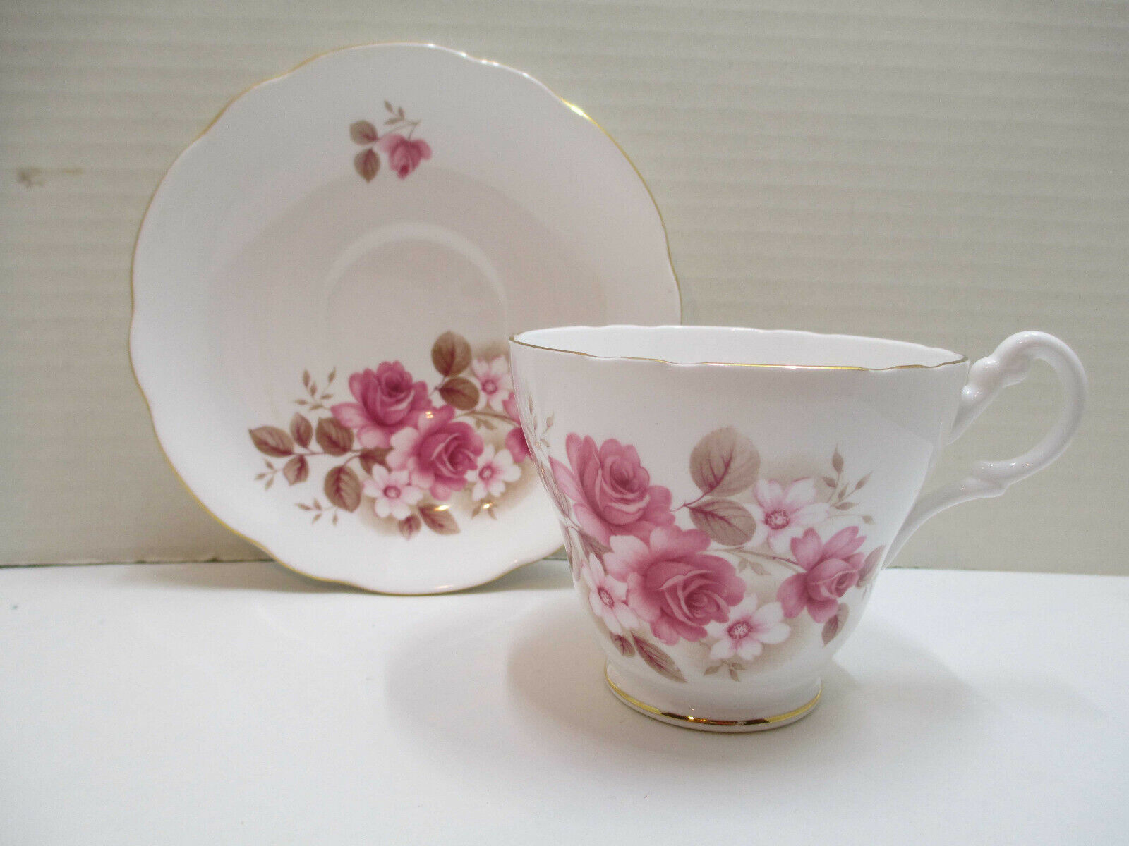 VTG Royal Ascot Bone China Floral Pink Roses Footed Tea Cup & Saucer Gold Gilt