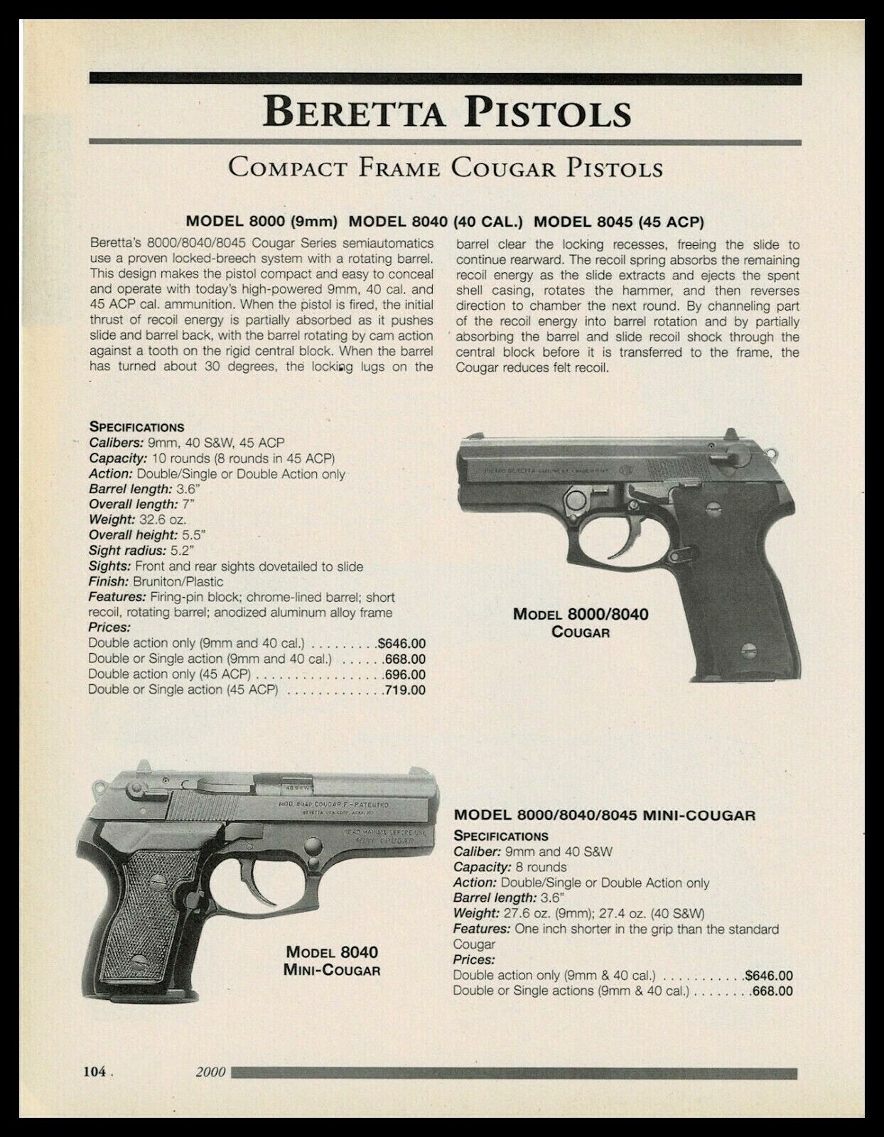 2000 BERETTA Model 8000 8040 Cougar and Mini Cougar Pistol Original PRINT AD