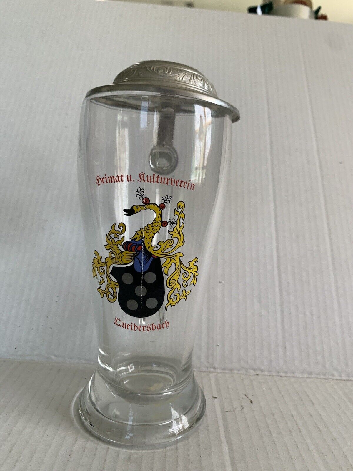 Clear Beer Stein Emblem w/German Wording and Lid Made in Italy