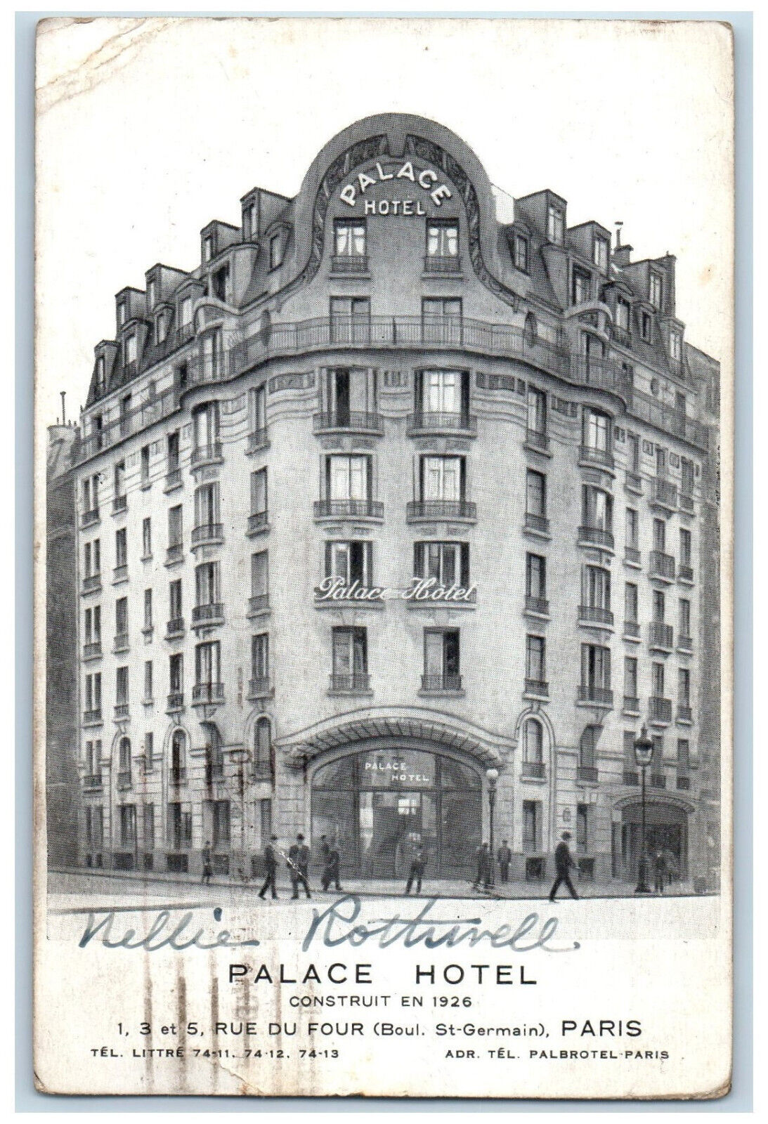 1927 Front View Palace Hotel Rue DU Four Paris Vintage Unposted Postcard