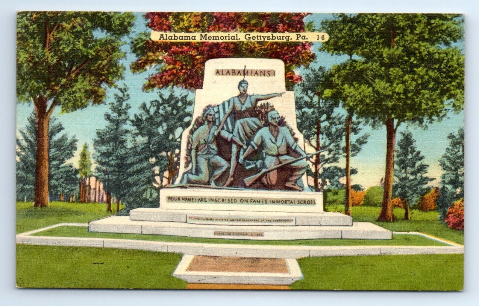 Gettysburg PA Pennsylvania Alabama Memorial Linen Postcard c.1940 Tichnor