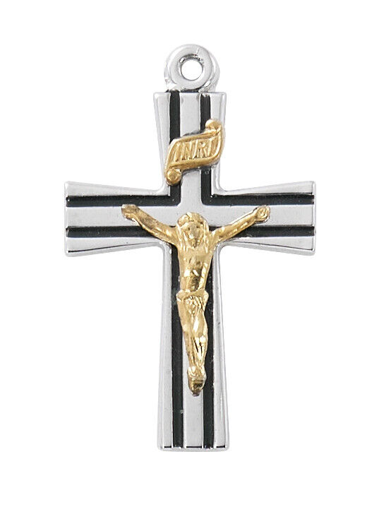 Two Tone Crucifix Black Inlay Pendant on Plated Stainless Steel Chain, 18 In