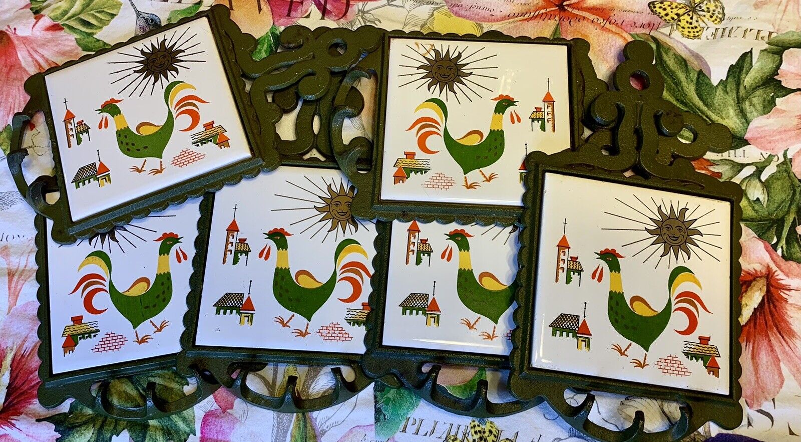 Chickens ROOSTER Ceramic Tile & Cast Iron Trivet Lot Of 6 Green Red Sun Steeple