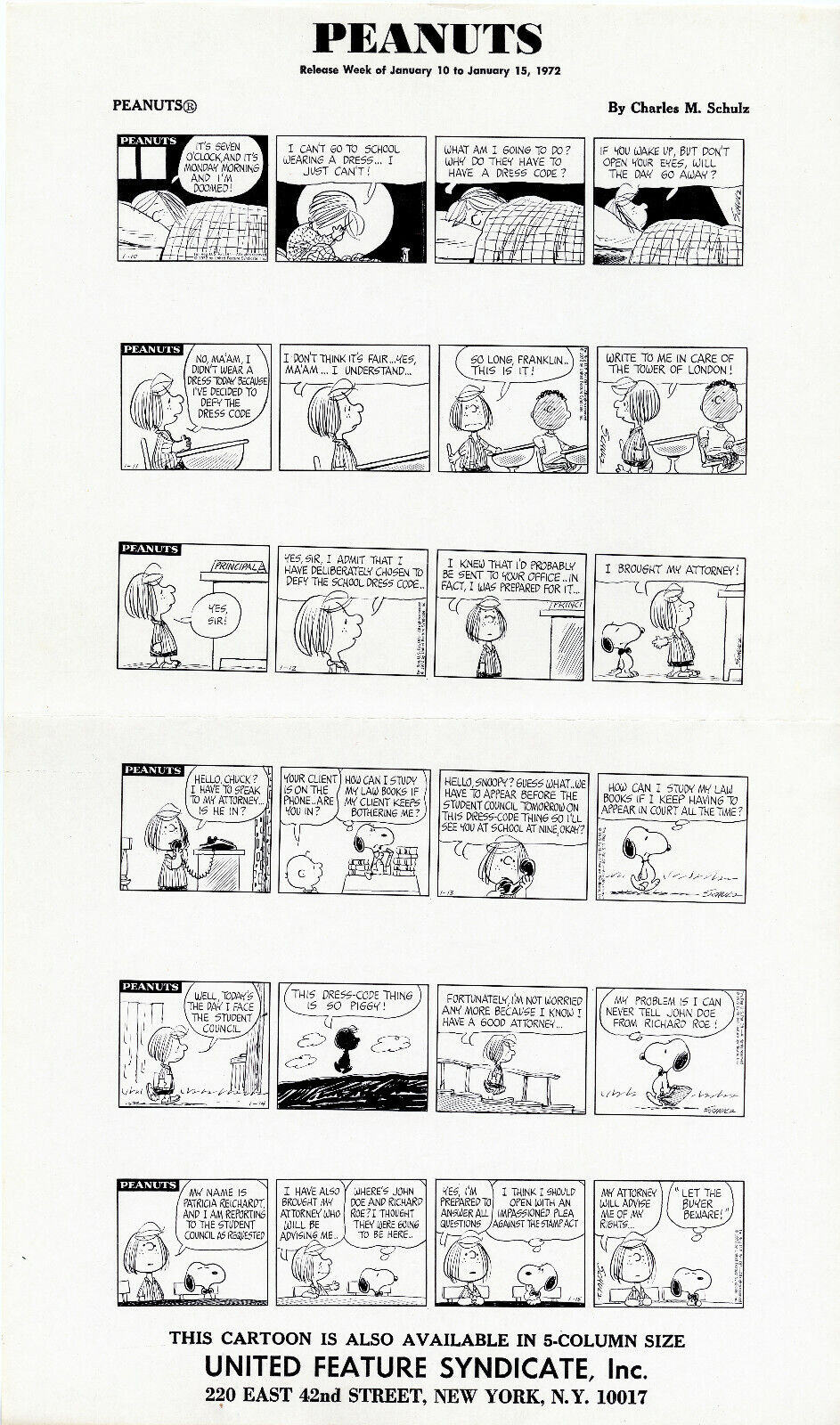 6 Daily Peanuts Strips by Charles Schulz Jan. 10 to Jan. 15 1972 Photostat Print