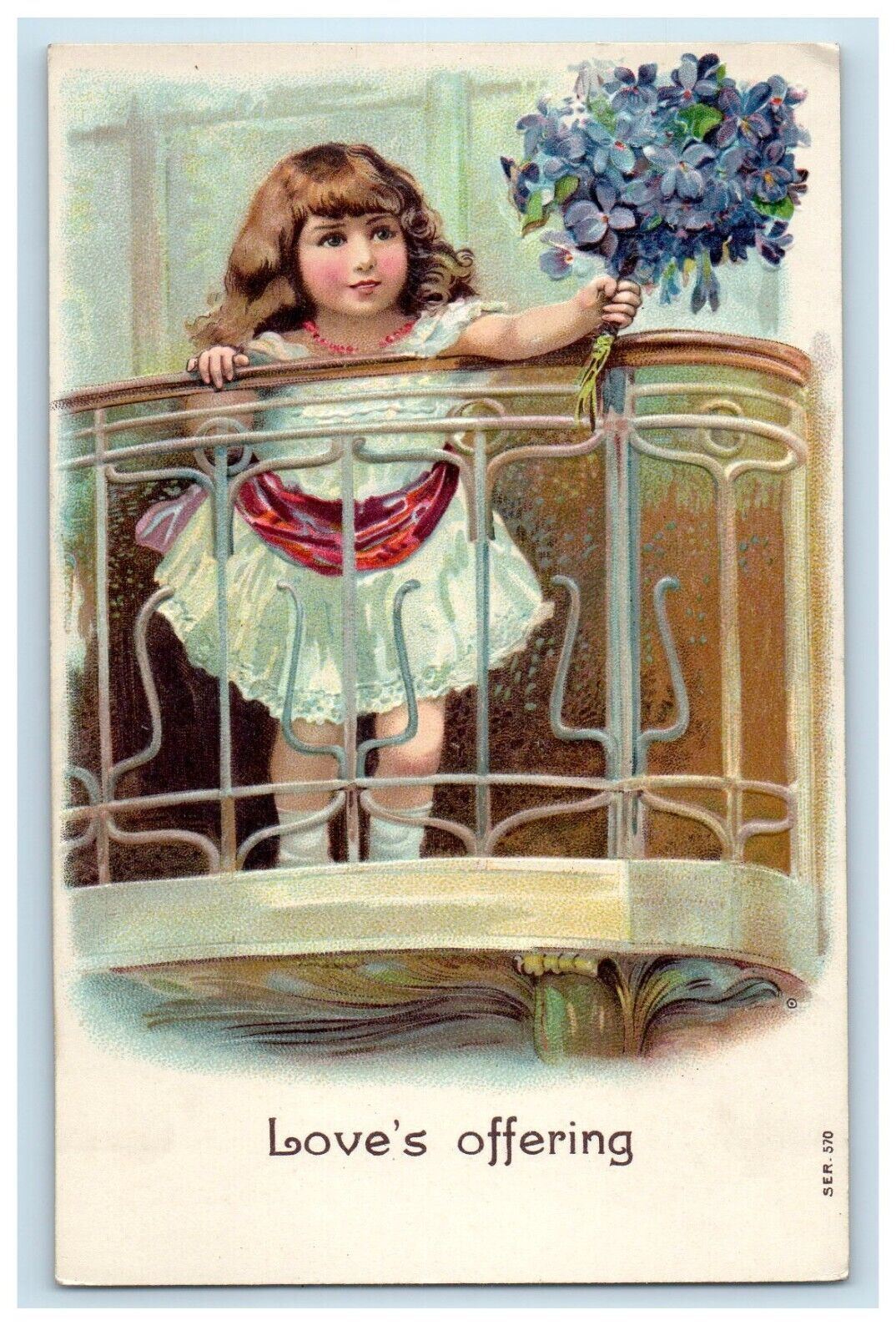 c1910's Little Girl Love's Offering Flowers Embossed Posted Antique Postcard