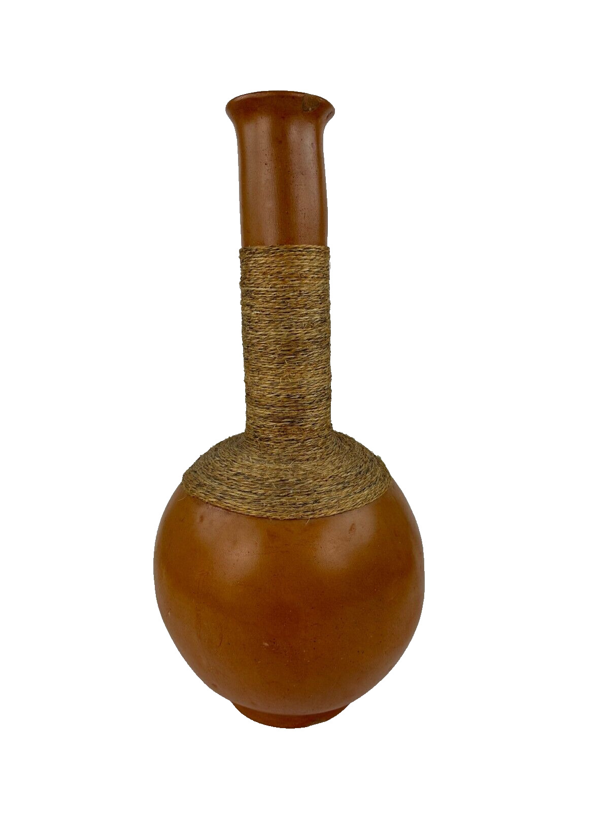 Vintage Terracotta Rosso Antico Wood Rattan Long Neck Bottle Vase Vessel 19\