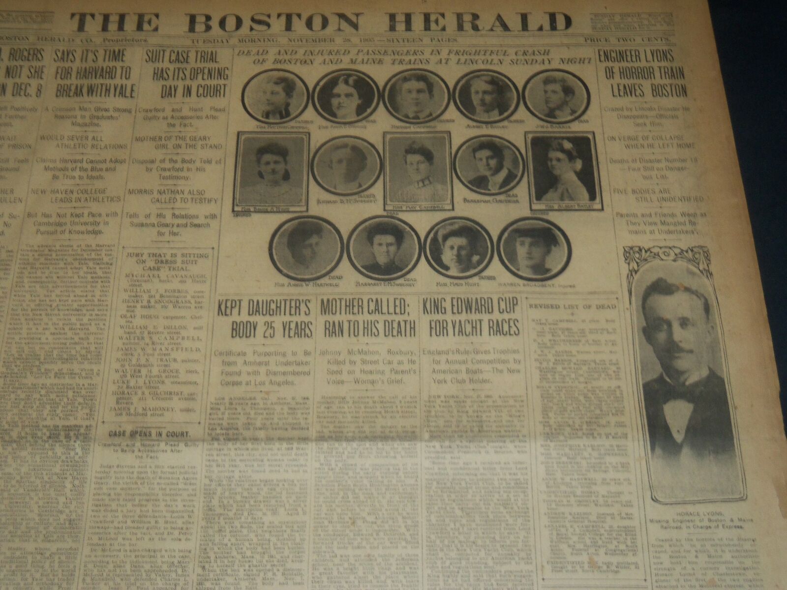 1905 NOV 28 THE BOSTON HERALD - DEAD PASSENGERS OF BOSTON & MAINE TRAINS- BH 267