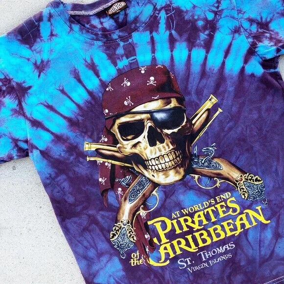 Vtg Pirates of the Caribbean At Worlds End Blue Tie-Dye Tee - Size Youth XL
