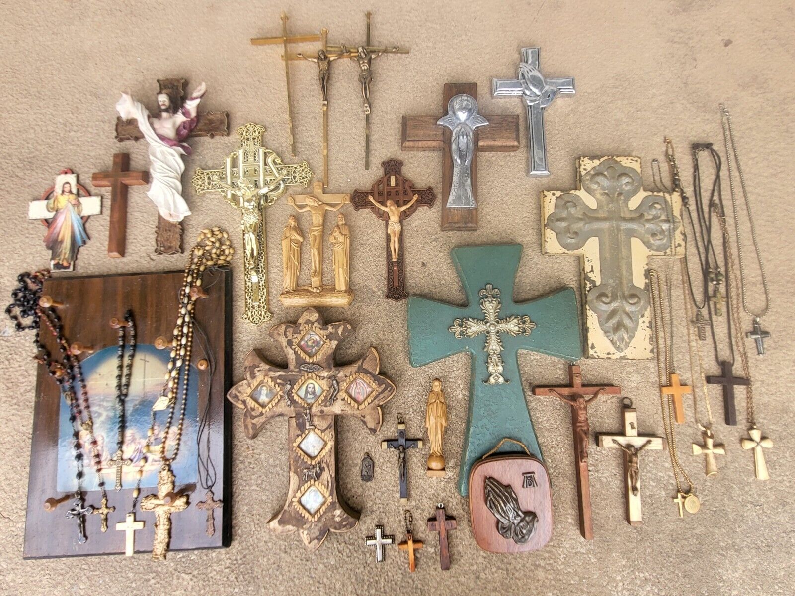 MEGA LOT Rare Antique Crucifix Crosses Rosary Religious Wall Art & Jewelry