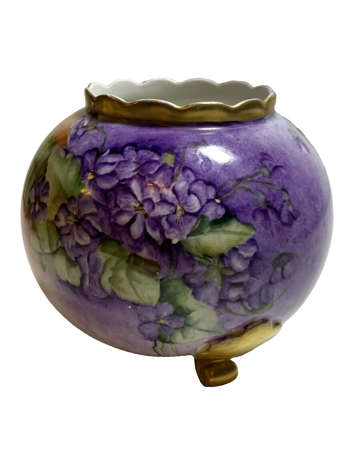 Vintage Limoges Hand Painted.3 Footed Porcelain Vase Purple Violets & Gold Gilt