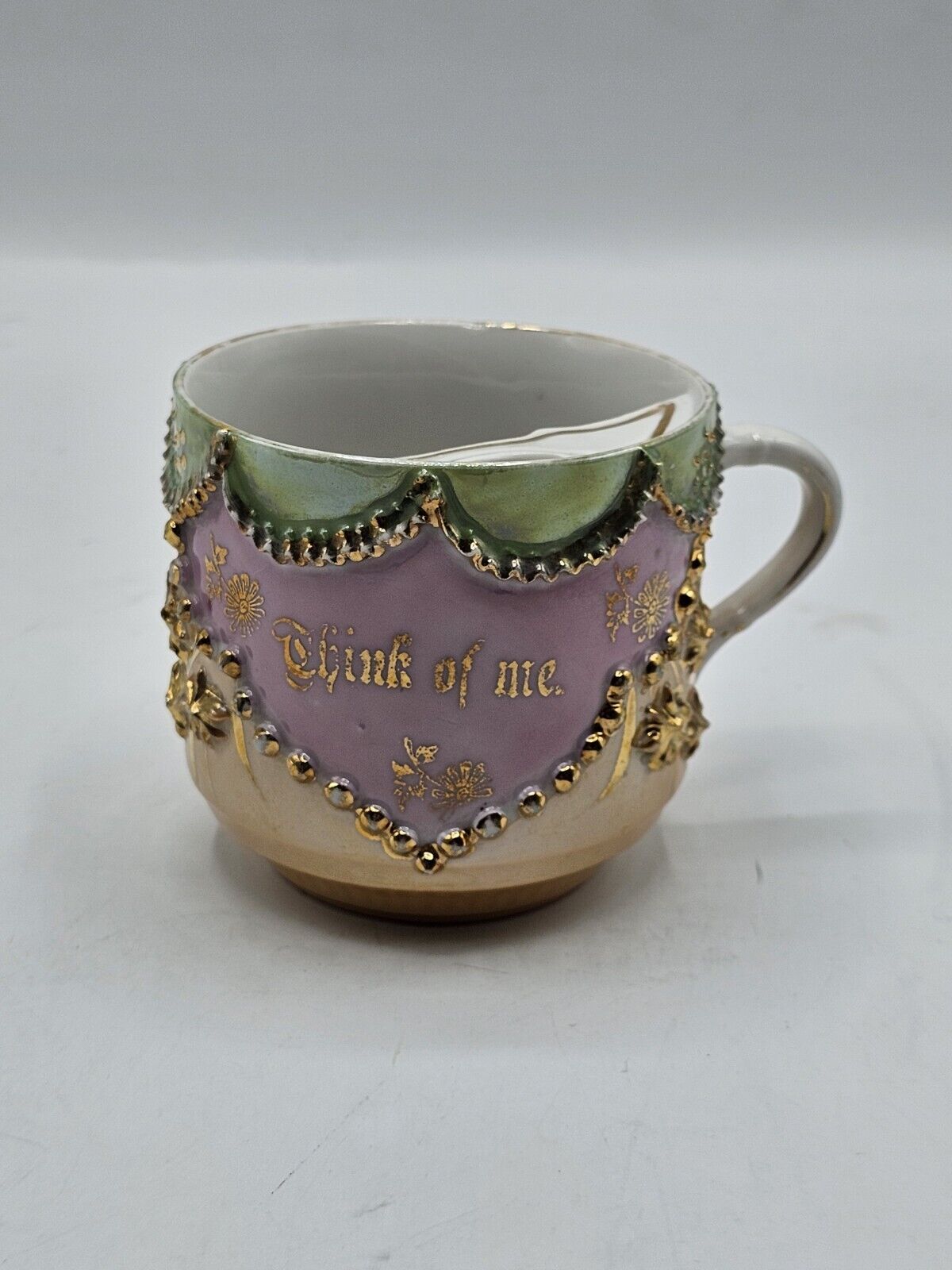 Antique German Mustache Cup Think Of Me Gold Trim Floral Victorian Era Drinkware