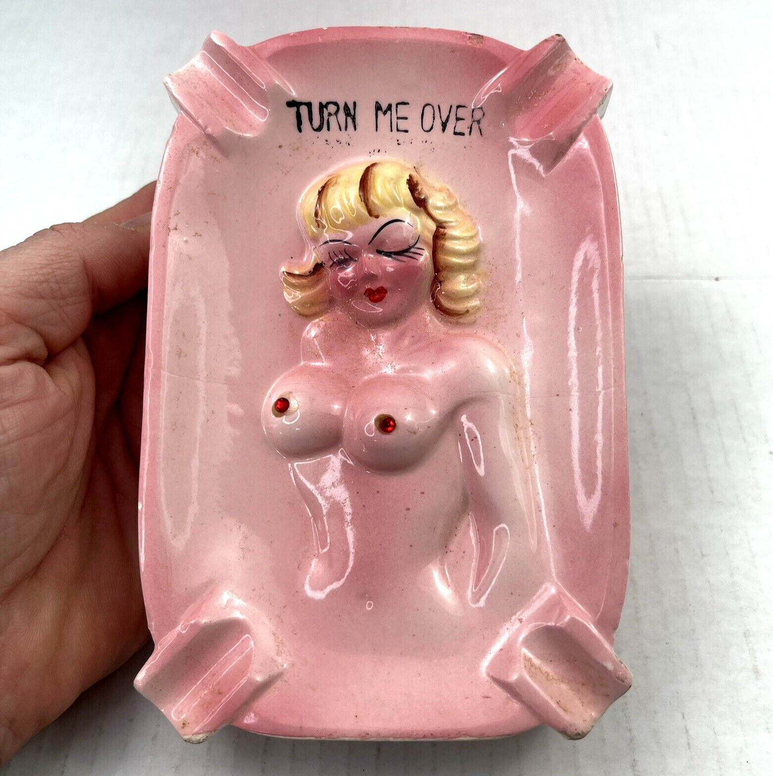 Vintage Risque Nude Lady Ashtray Turn Me Over for your Butts Ruby Nipples Japan