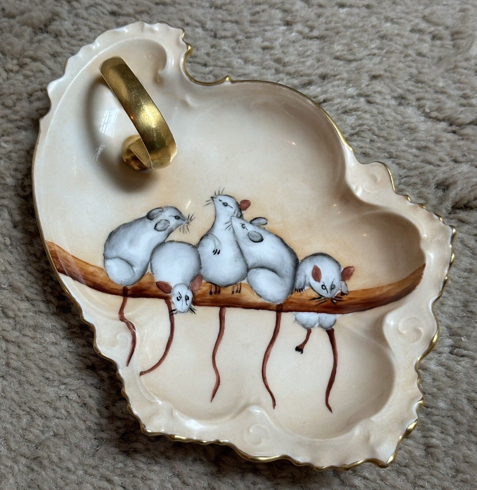 Antique Vintage Porcelain Nut Candy Vanity Dish Hand Painted Mice, Signed