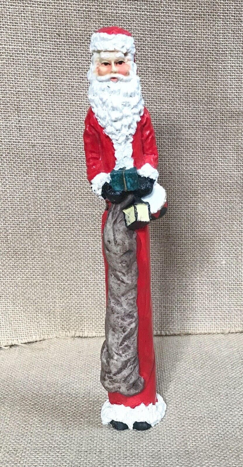 Vintage Tall 9.5 Inch Resin Santa Claus Holding Sack Gift Lantern Drum Figurine