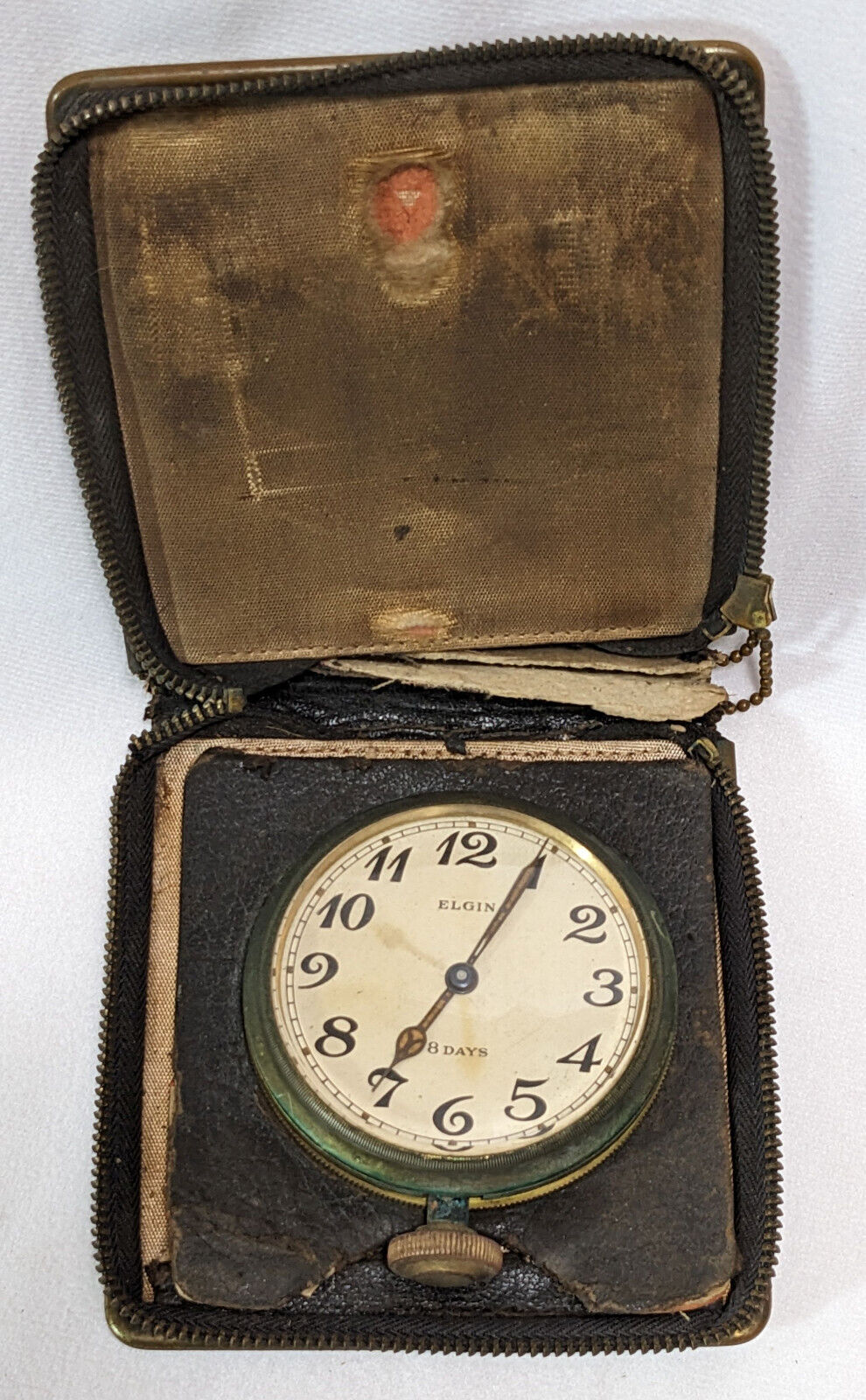 Vintage Elgin 8 Day Travel Pocket Clock w/ Orignal Leather Wallet Case