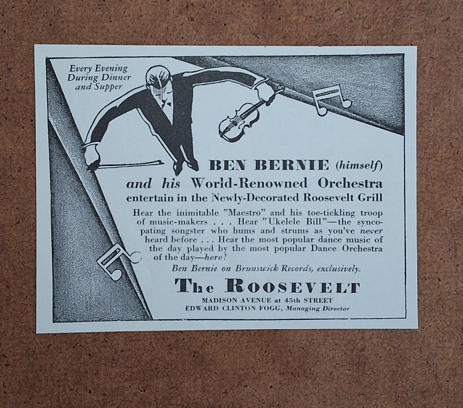 Antique Roosevelt Hotel Grill New York - Entertainer - Ben Bernie - 1929 Art AD