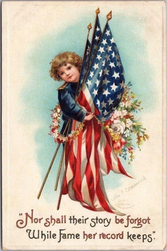 c1910s Artist-Signed CLAPSADDLE Decoration Day G.A.R. Postcard Girl / U.S. Flags
