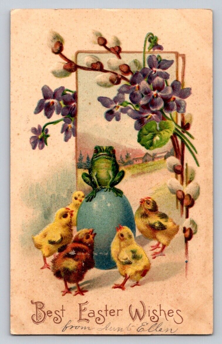 c1905 Fantasy Frog Sitting On Huge Exaggerate Egg Chicks Easter P81A