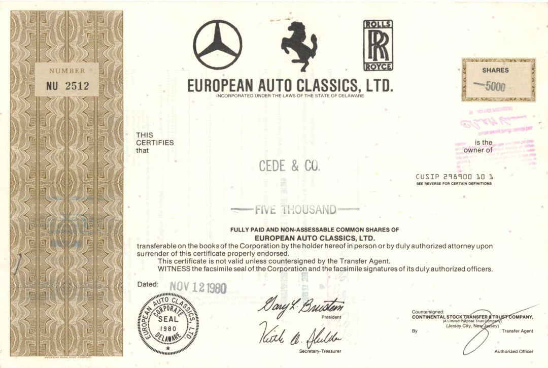 European Auto Classics, Ltd. - 1980's dated Automotive Stock Certificate - Autom