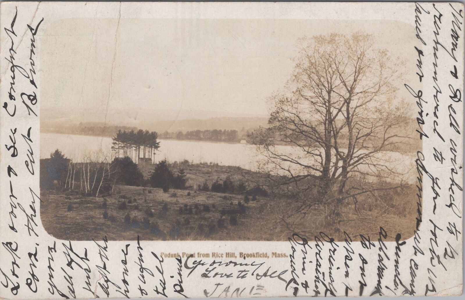 Podunk Pond from Rice Hill Brookfield Massachusetts c1900s RPPC Postcard
