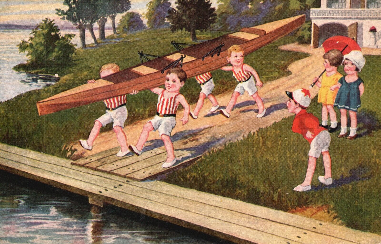 Painting Of Happy Children Playing Water Boat Canoe Vintage Postcard 1923