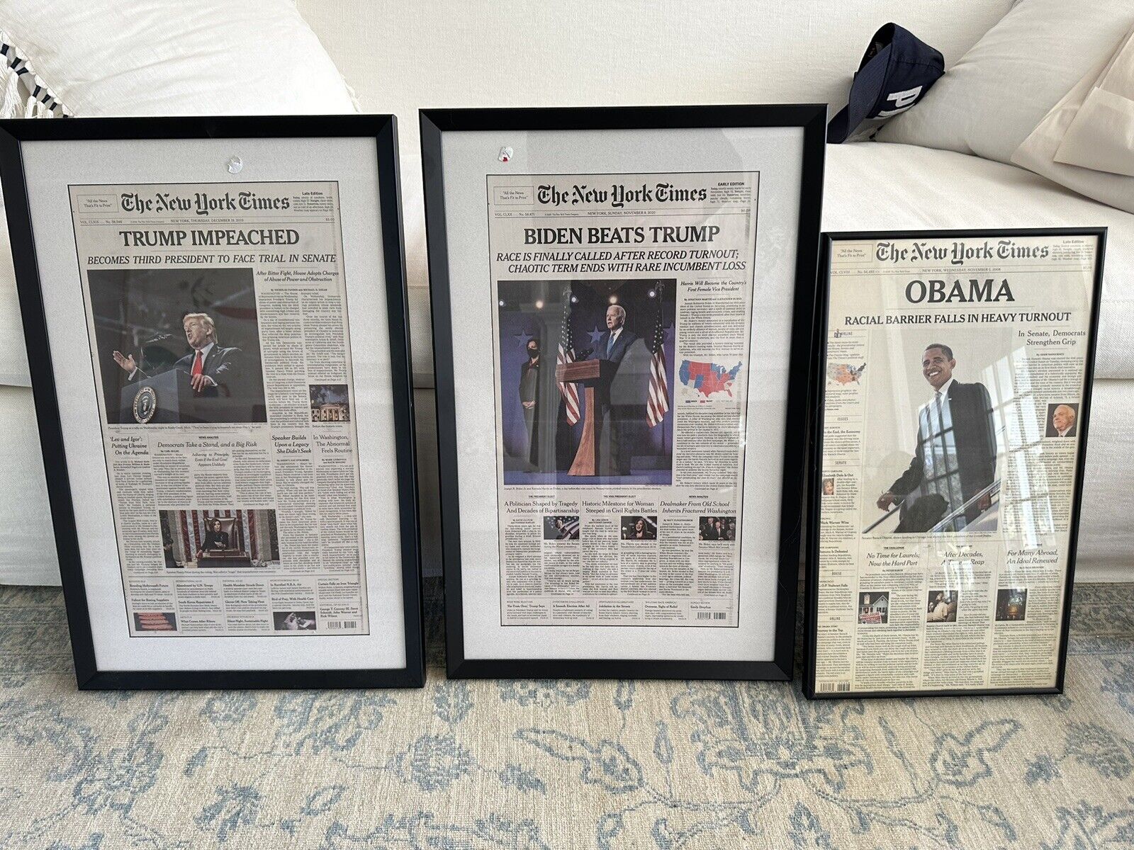 3 Framed NEW YORK TIMES Obama  WINS 2008 Trump Impeached Biden Wins Front Pages