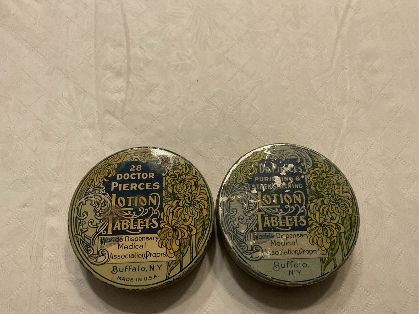 ANTIQUE  DR PIERCE LOTION TABLETS TIN BUFFALO NY GREAT GRAPHICS Lot Of 2