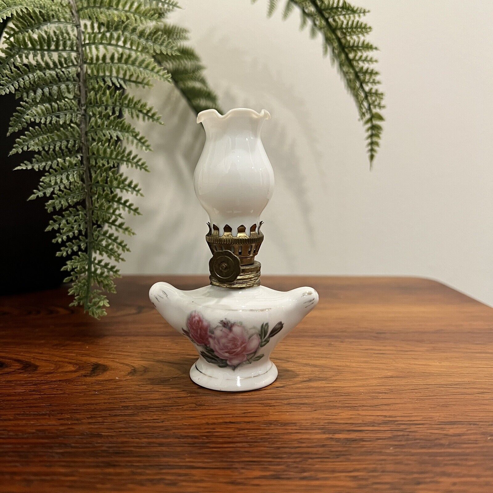 Vintage Miniature Ceramic Floral Pattern Oil Lamp