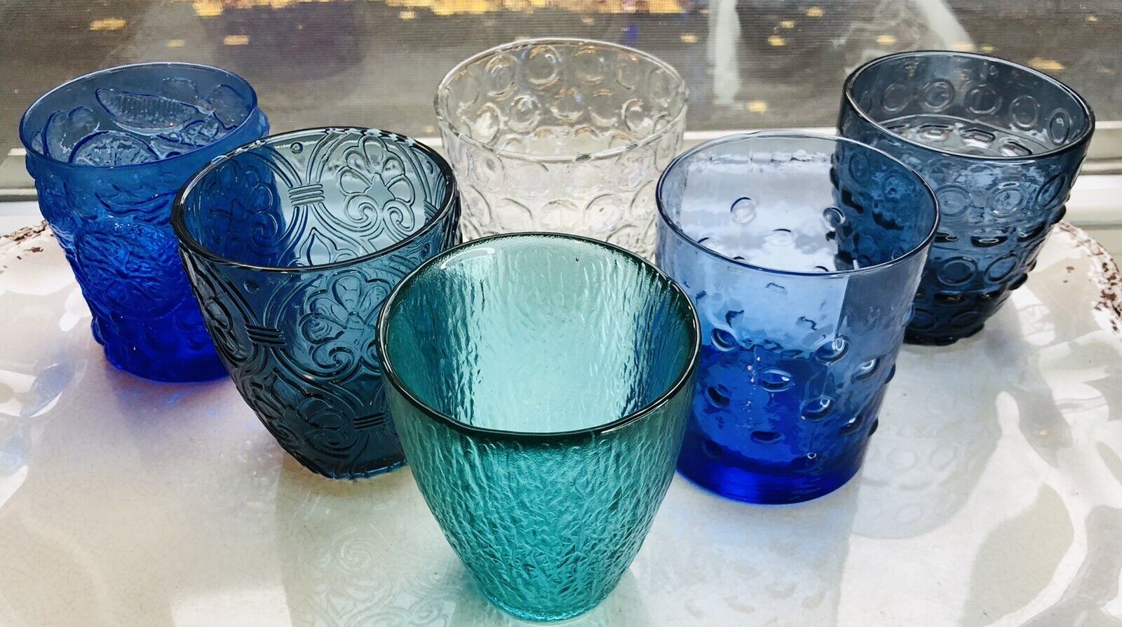 Anthropologie Whiskey Embossed Heavy Unique Curated Shade Of Blue Barware Set-6
