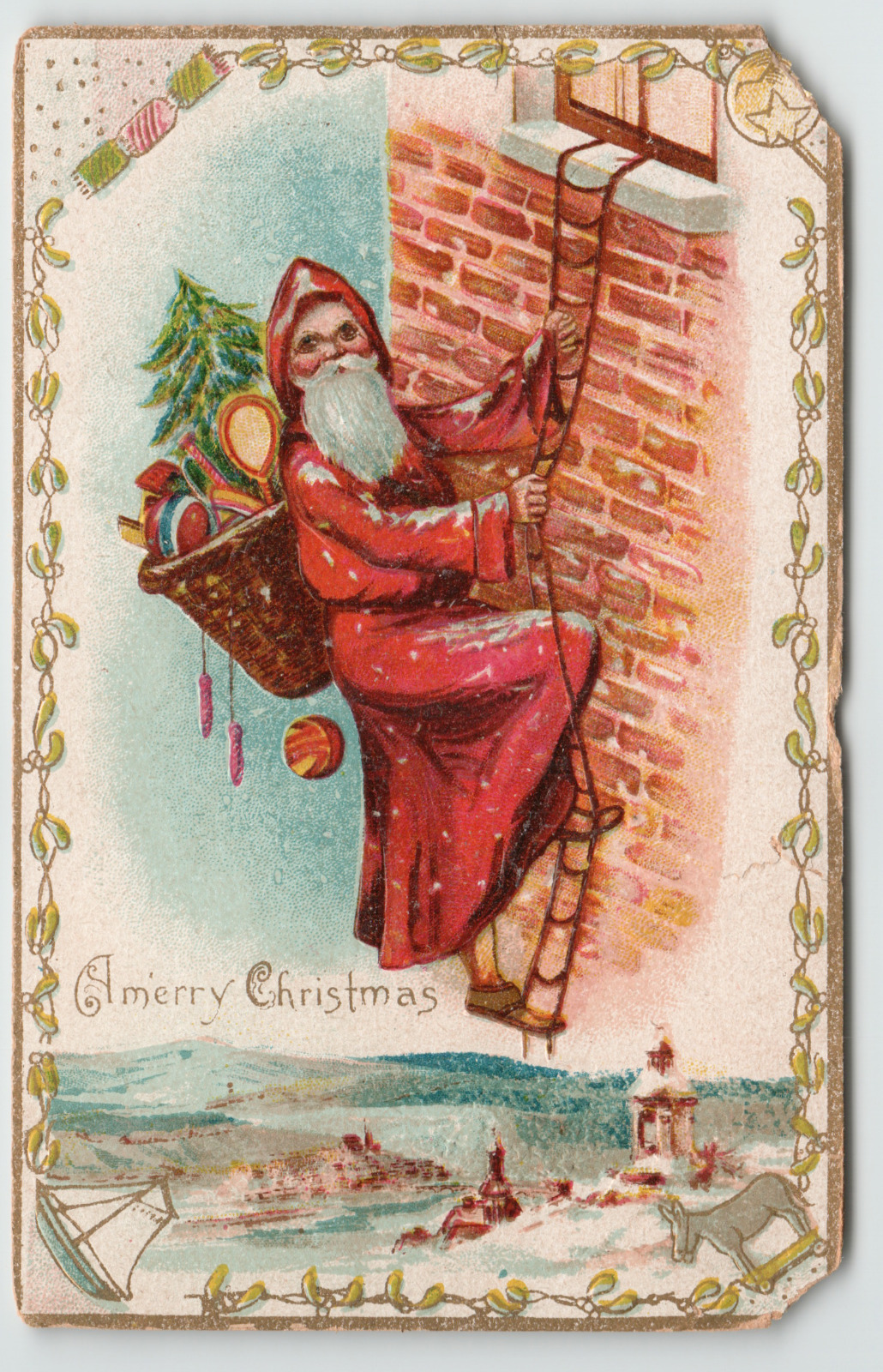 Postcard Embossed Christmas Santa Climbing a Ladder with Toys and a Tree