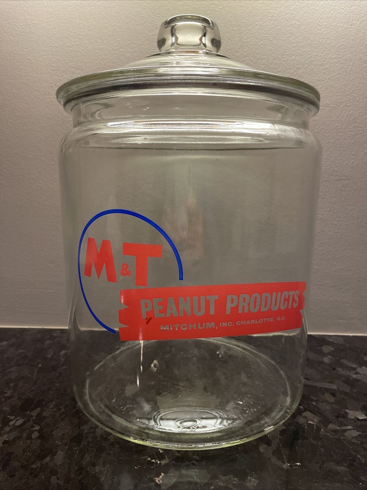 Antique M&T Peanut  Glass Jar With Lid , Charlotte North Carolina , Mitchum Inc.