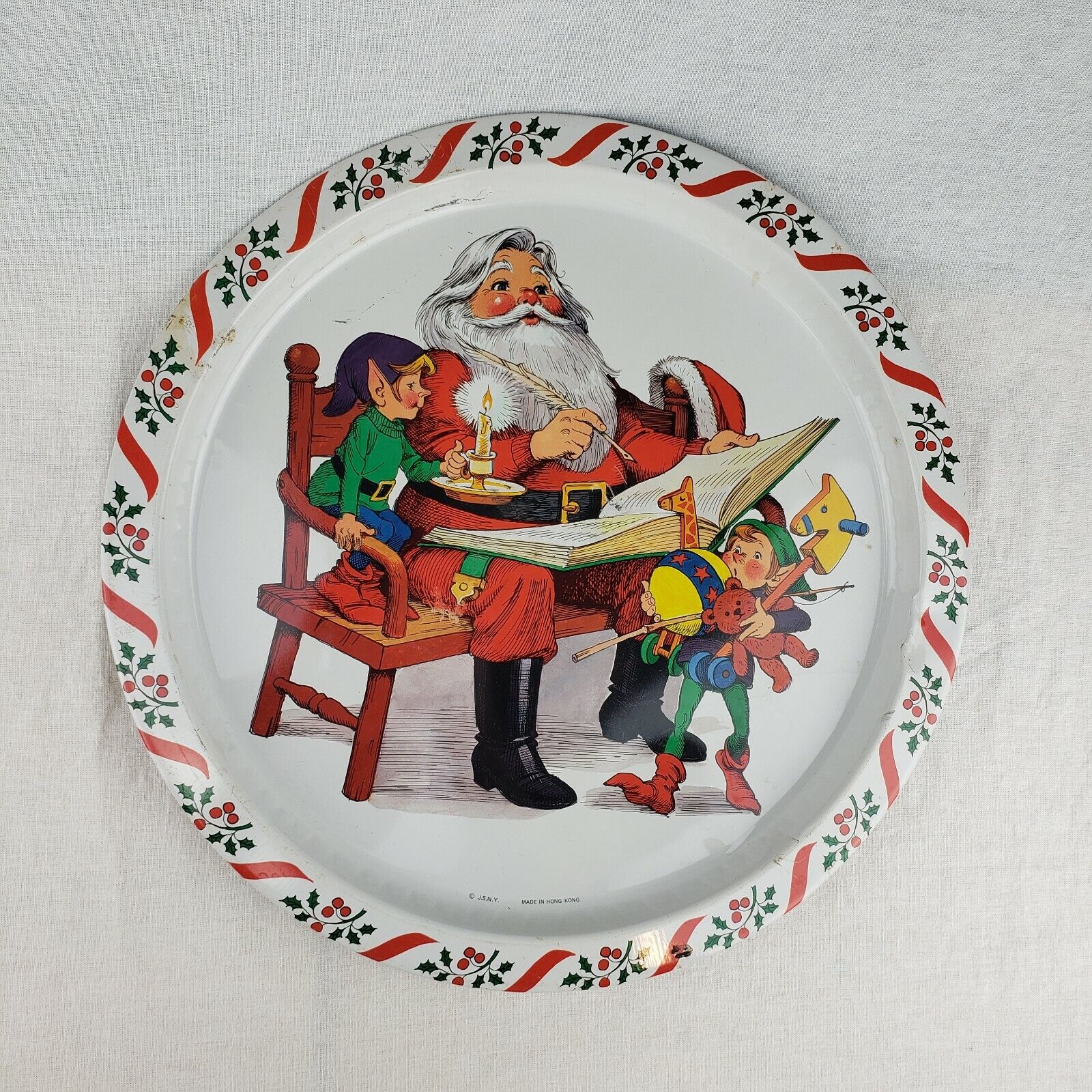 Vintage 1950\'s Tin Litho Christmas Santa Claus Cookie Serving Tray 13\