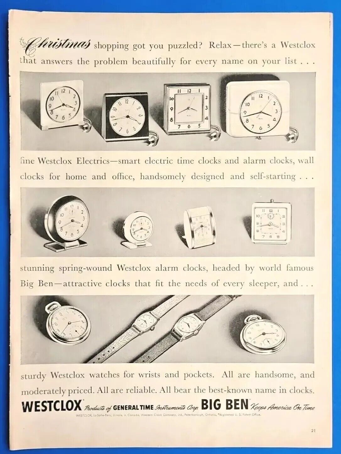 1948 Westclox Clock Company Vtg 1940\'s Magazine Print Ad Keeps America On Time