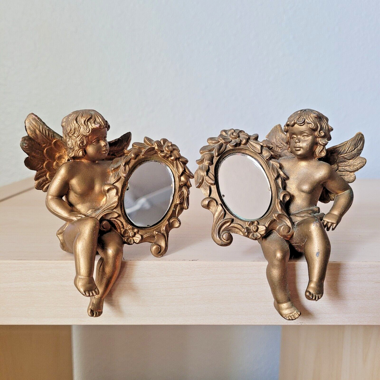 Vintage Gilded Cherub w Mirror Shelf Sitter Hanging Ornament Gold Italy Set of 2