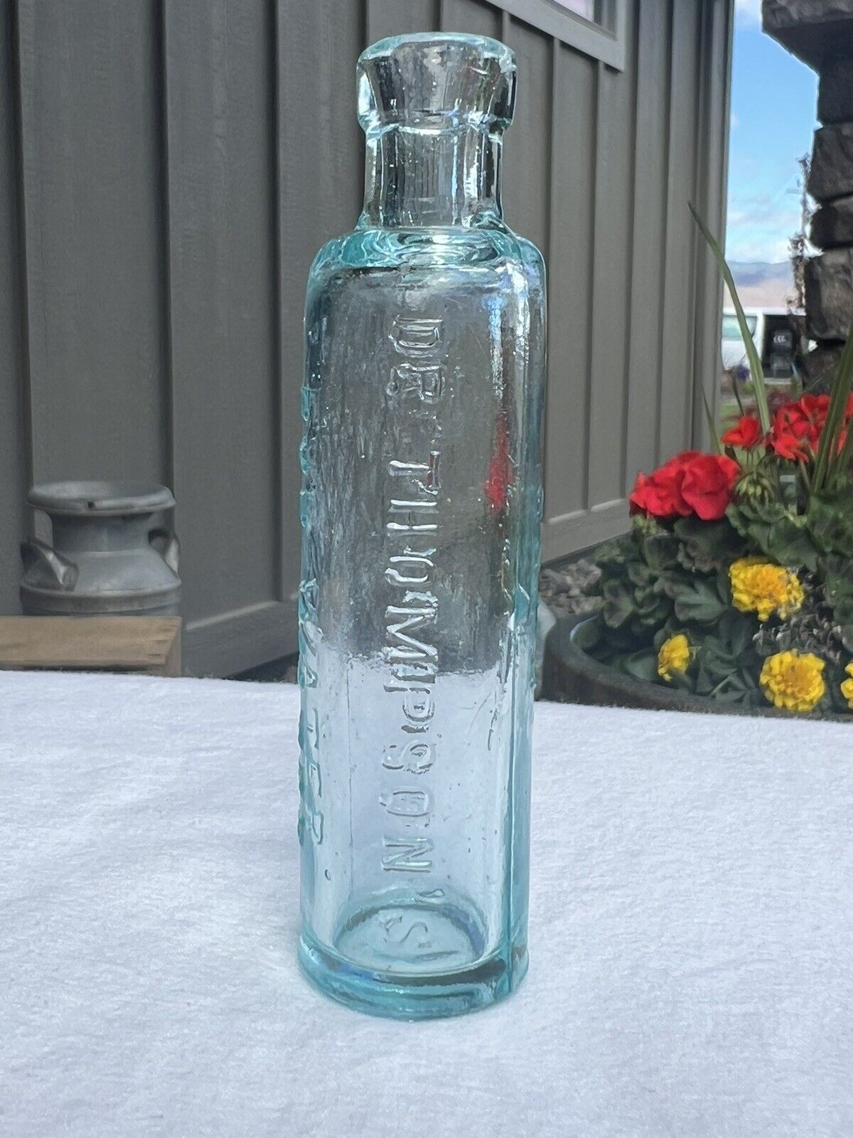 Antique Embossed Very Nice Aqua Dr Thompson’s Eye Water Bottle “Opium Based”